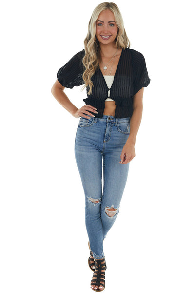 Black Plunging V Neck Short Sleeve Blouse