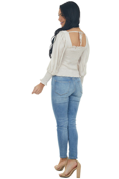 Eggshell Long Bubble Sleeve Smocked Blouse with Tie Detail