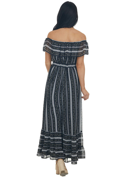 Black Multi Print Off Shoulder Maxi Dress with Ruffle Detail