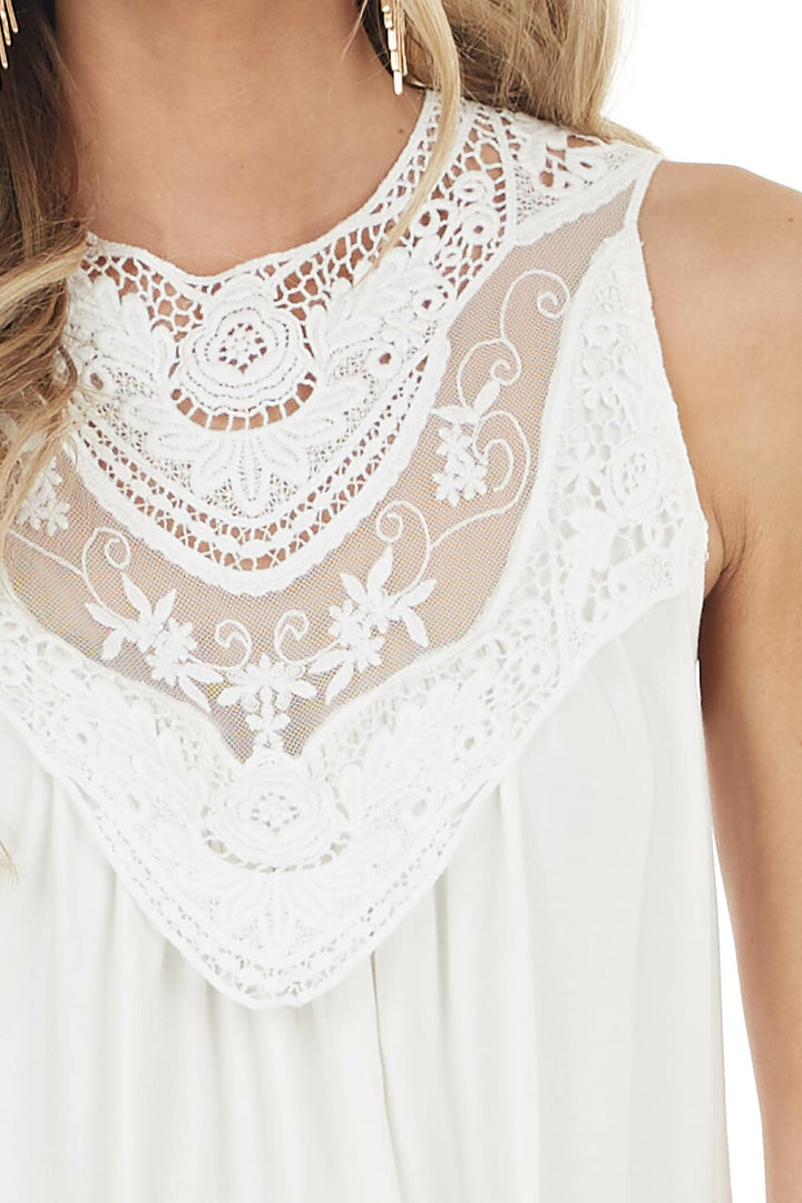 Off White Flowy Sleeveless Top with Sheer Crochet Detail