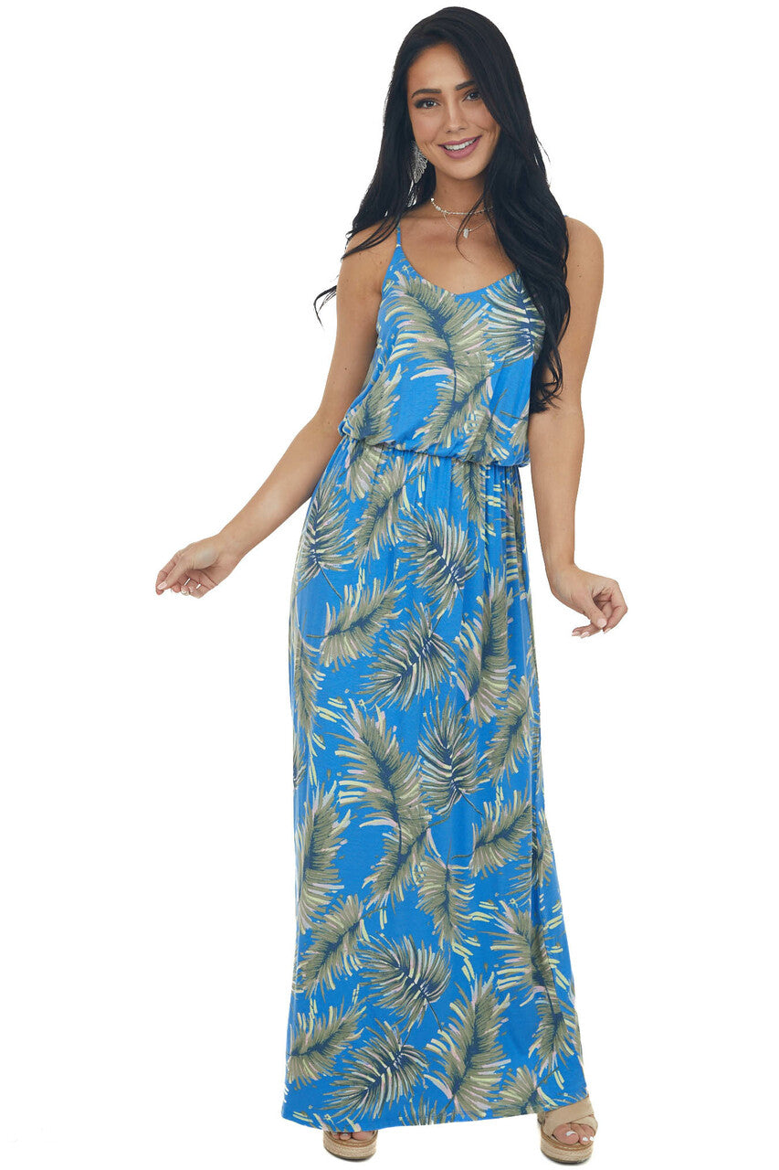 Cobalt Blue Leaf Print Maxi Dress with Straps