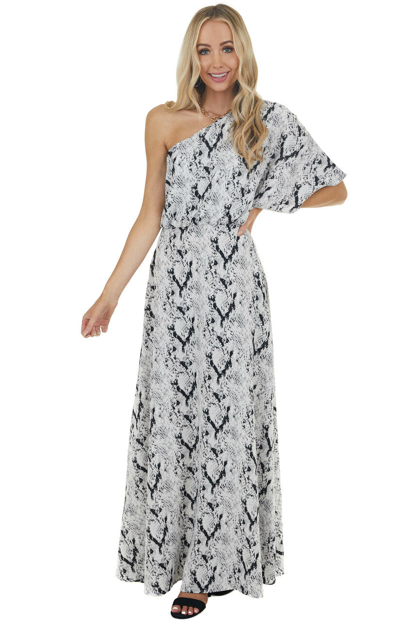 Dove Grey Snakeskin Print Woven Maxi Dress with One Shoulder 