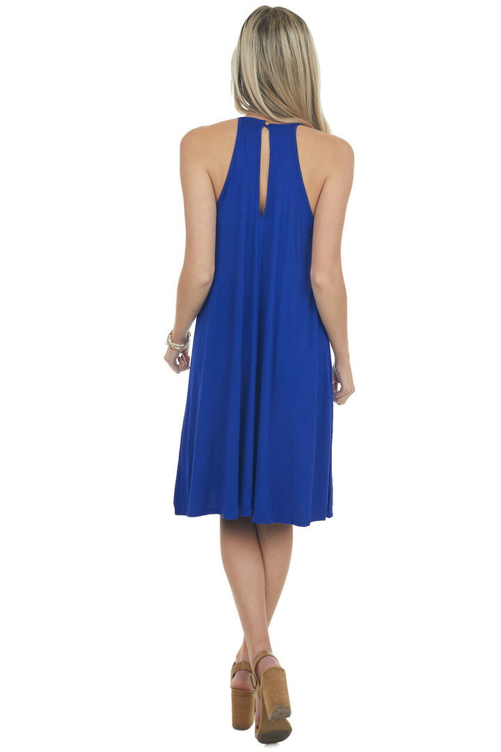 Royal Blue Short Dress with Lace Front and Keyhole Back