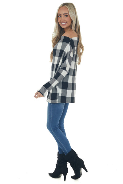 Black Buffalo Plaid Off Shoulder Knit Top 