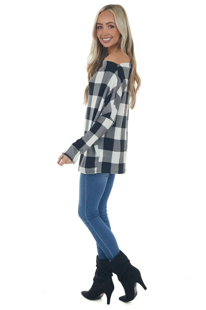 Black Buffalo Plaid Off Shoulder Knit Top 