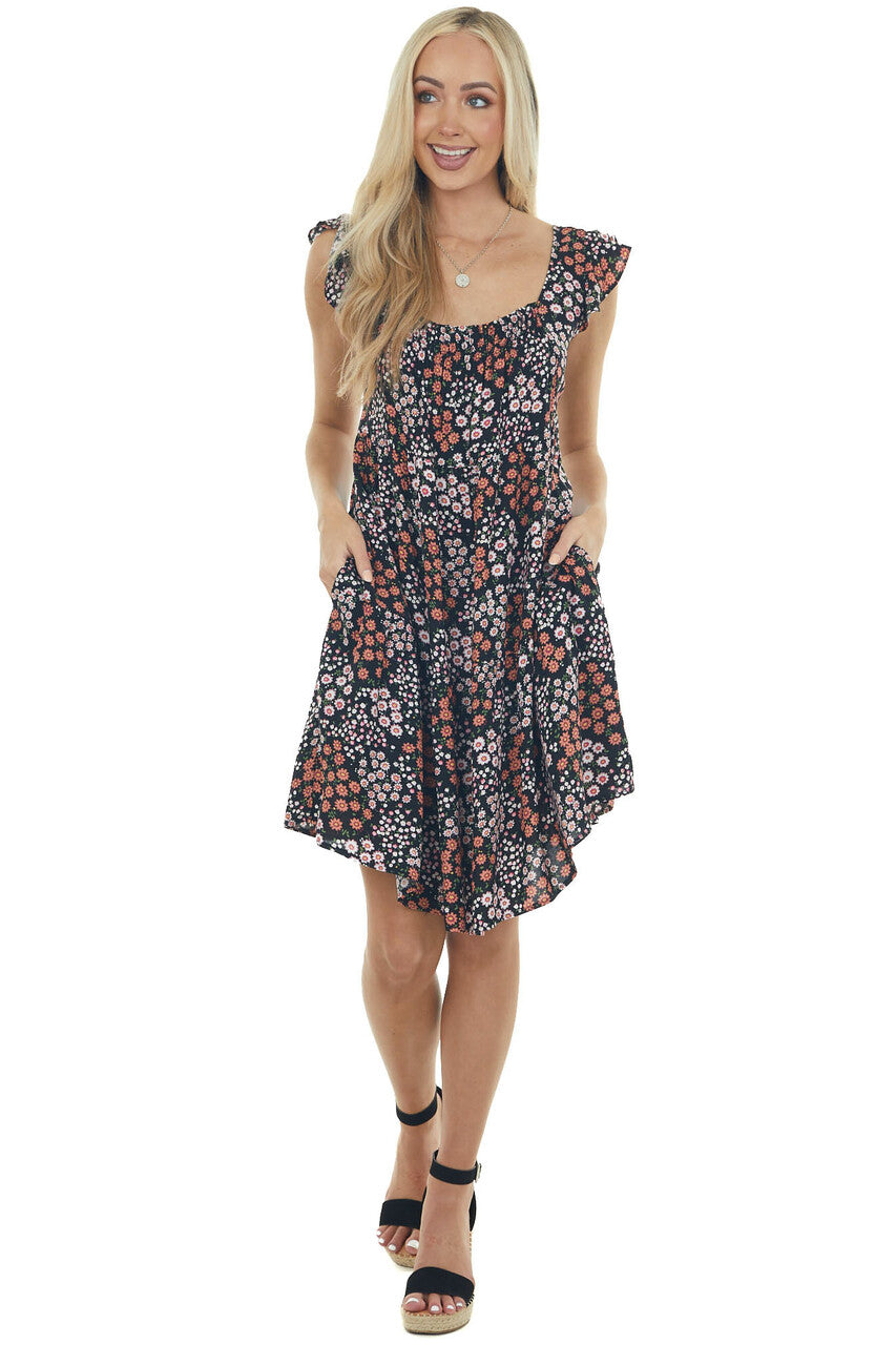 Black Floral Tiered Dress with Flutter Sleeves 