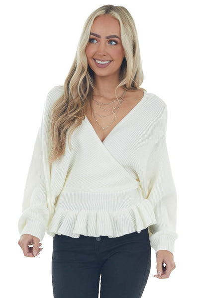 Ivory Surplice Neckline Peplum Sweater 