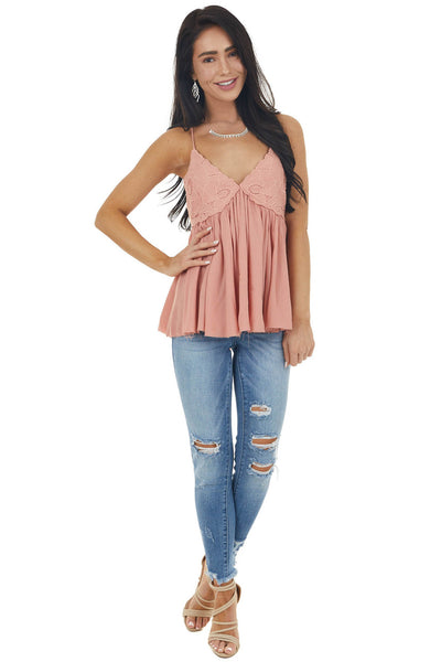 Peach Lace Sleeveless Babydoll Top with Crisscross Straps