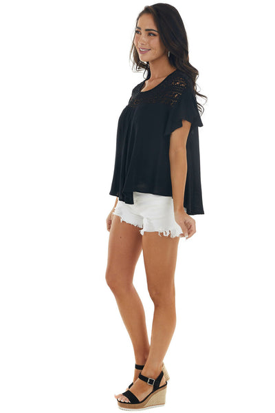 Black Lace Yoke Short Sleeve Ruffle Top