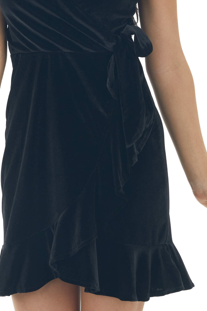 Black Surplice Wrap Tie Velvet Mini Dress