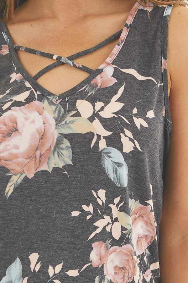 Faded Black Floral Tank Top with Front Criss Cross Detail
