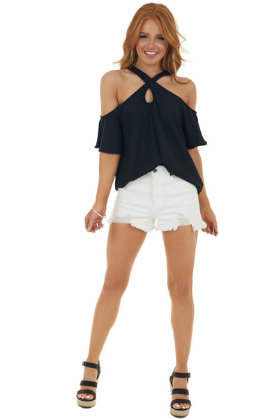 Black Cold Shoulder Blouse with Criss Cross Halter Neck