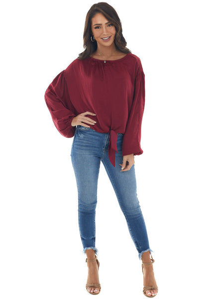 Maroon Bubble Sleeve Blouse with Tie Detail 