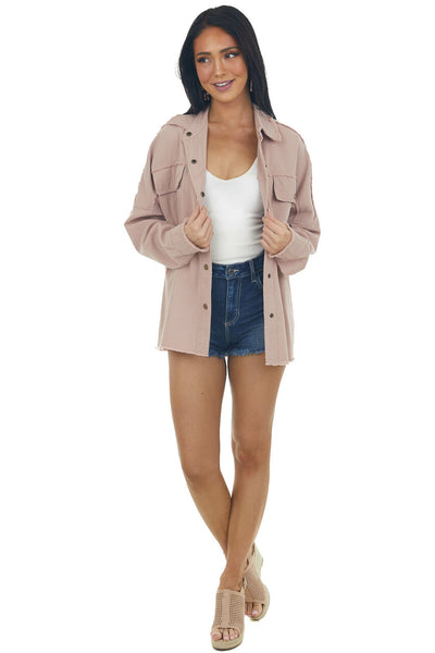 Light Rose Taupe Fraying Button Down Shacket