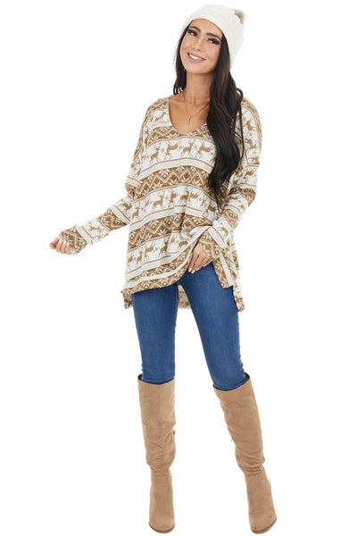 Camel and Ivory Holiday Print Oversized Long Sleeve Top