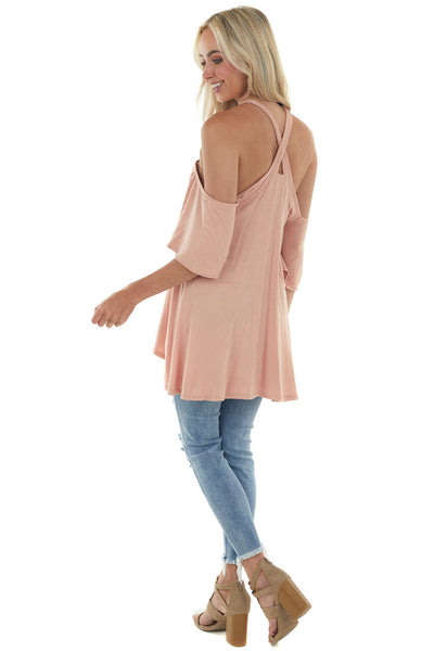 Peach Flutter Sleeve Cold Shoulder Halter Top