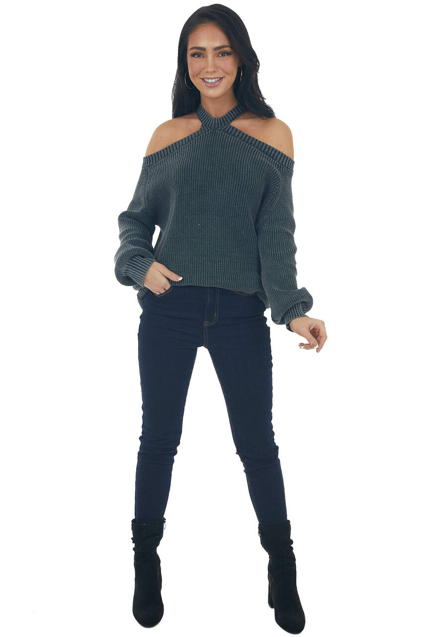 Charcoal Mineral Washed Cold Shoulder Sweater 