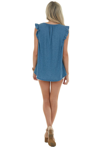 Ocean Waffle Knit Short Flutter Sleeve Babydoll Top 
