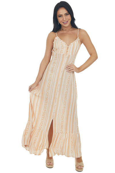 Melon and Ivory Printed Button Up Maxi Dress