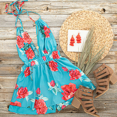 Ocean Floral Print Woven Sleeveless Romper with Skirt Overlay