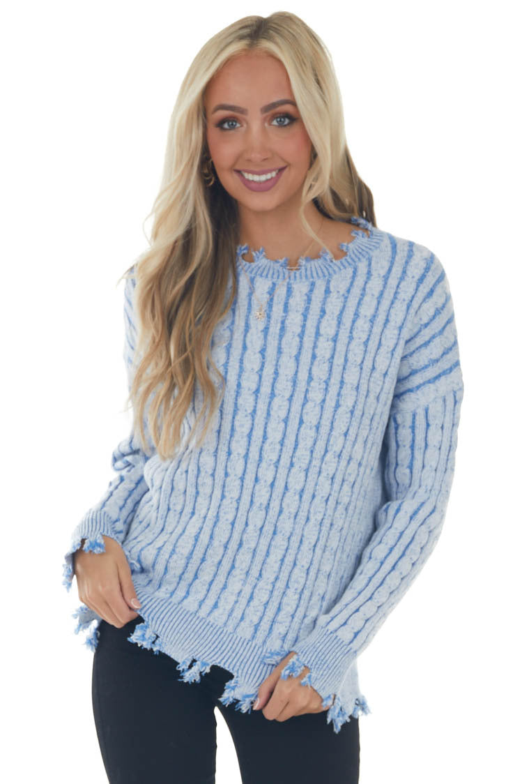 Blue Cable Knit Distressed Trim Sweater