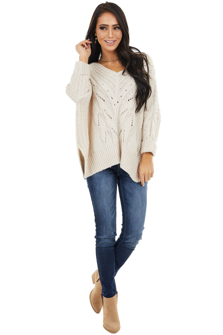 Cream Oversized Cable Knit Sweater with Side Slits