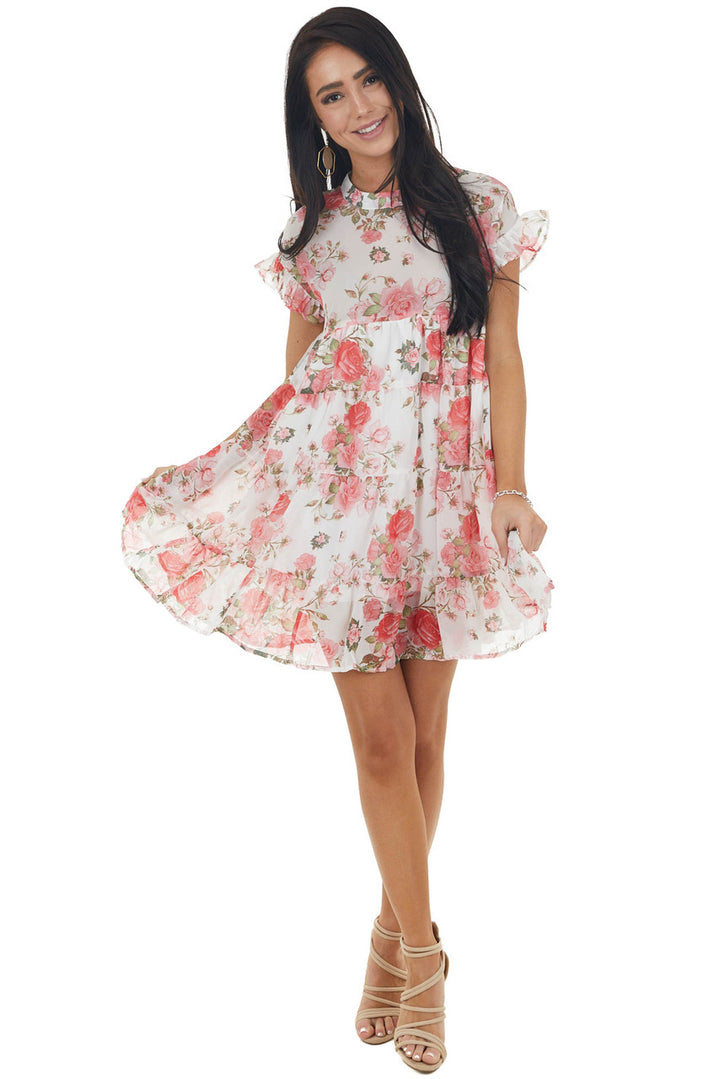 Ivory Floral Print Babydoll Short Dress with Short Sleeves 