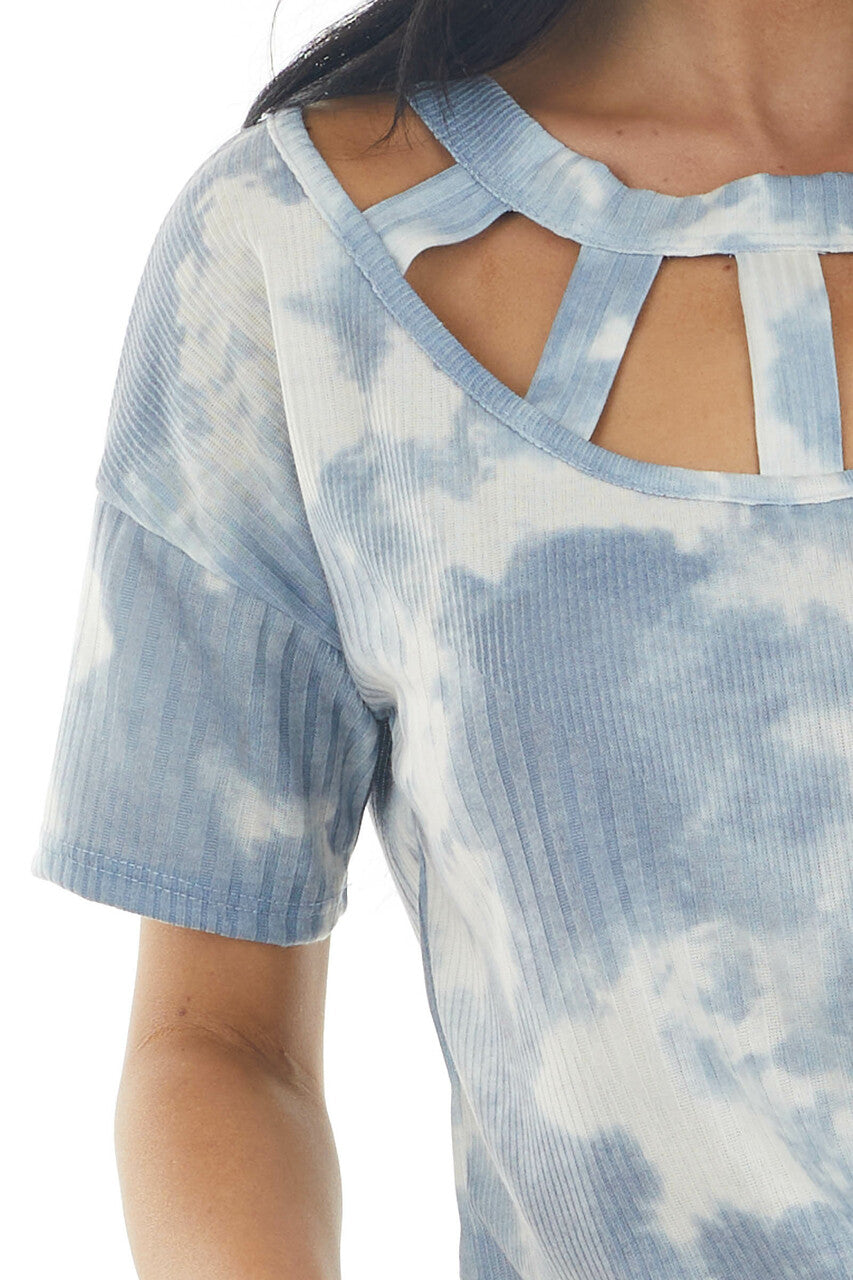 Dusty Blue Tie Dye Short Sleeve Knit Top with Caged Neckline