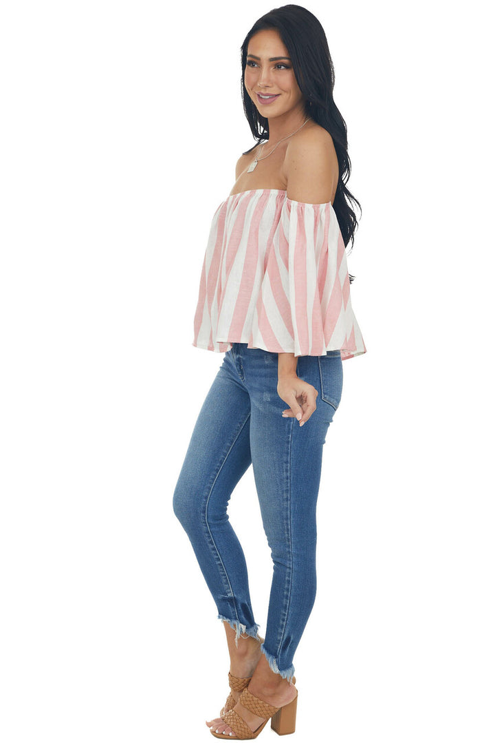 Baby Pink Striped Off the Shoulder Flared Sleeve Blouse