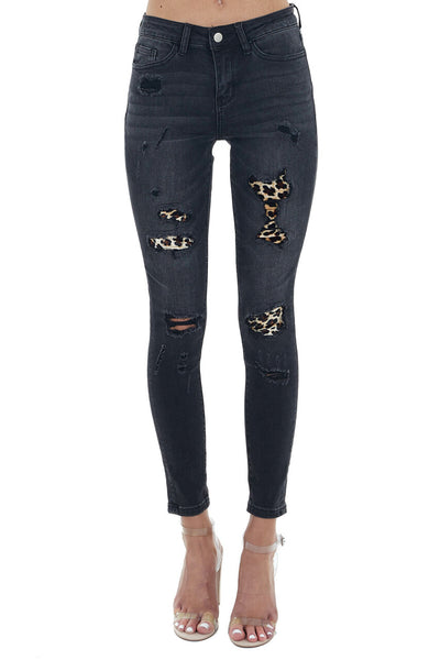 Lime Lush Vintage Black Velvet Leopard Patch Skinny Jeans