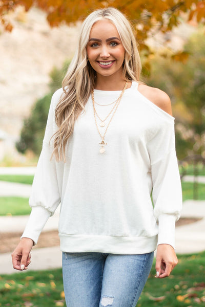 Ivory Cold Shoulder Fuzzy Banded Sweater 