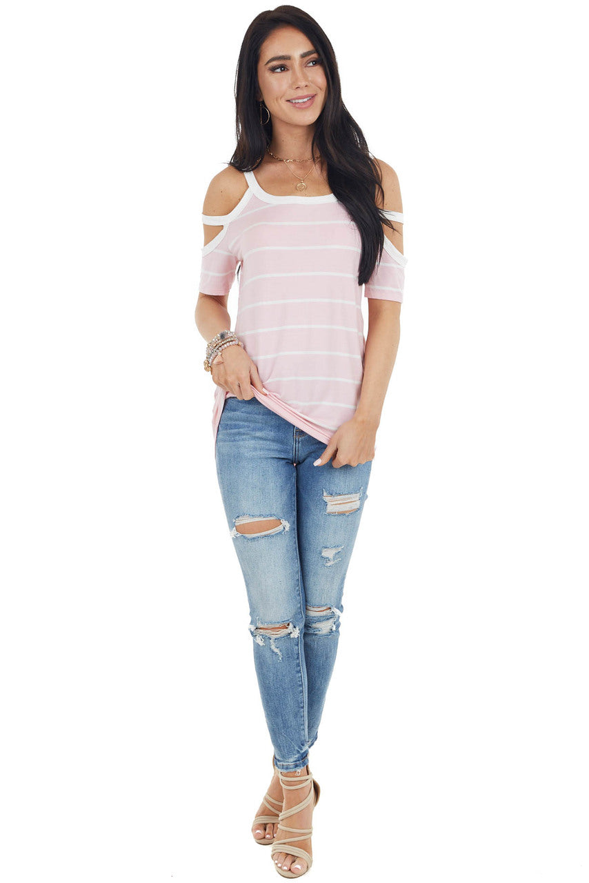 Baby Pink and Ivory Striped Strappy Cold Shoulder Top 