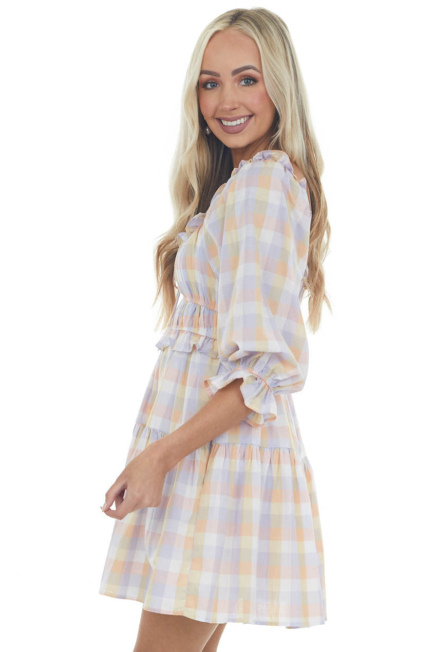 Peach and Lavender Gingham Tiered Short Dress