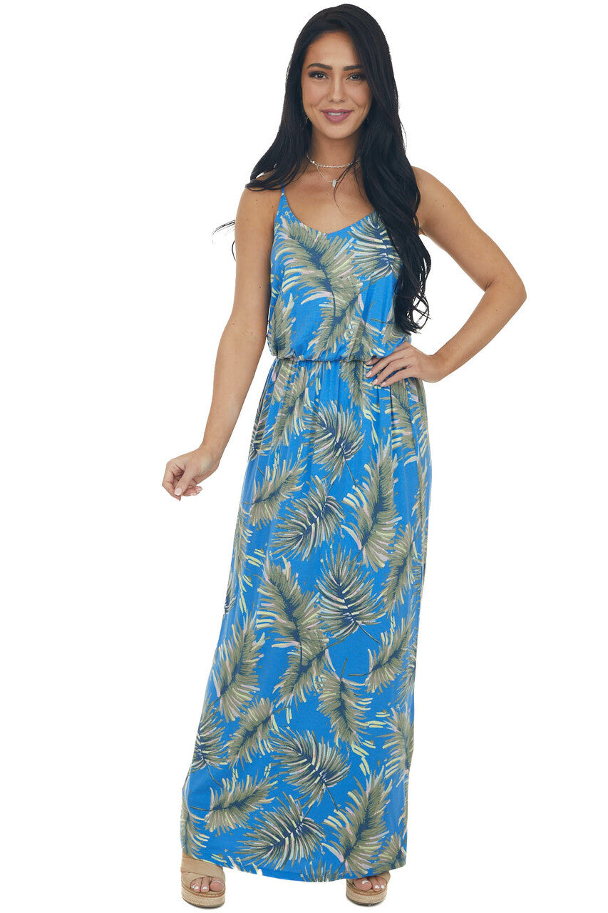 Cobalt Blue Leaf Print Maxi Dress with Straps