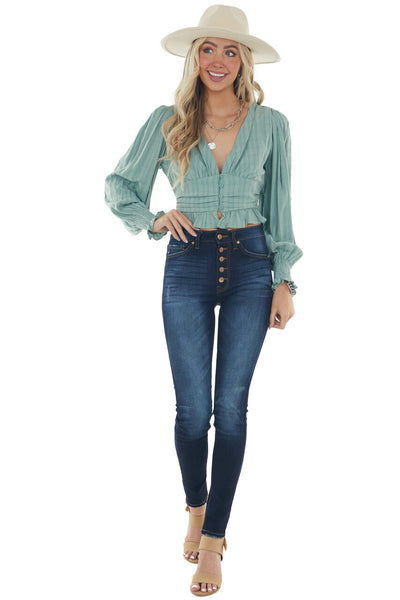 Juniper Green Puff Sleeve Plunging Neck Blouse 