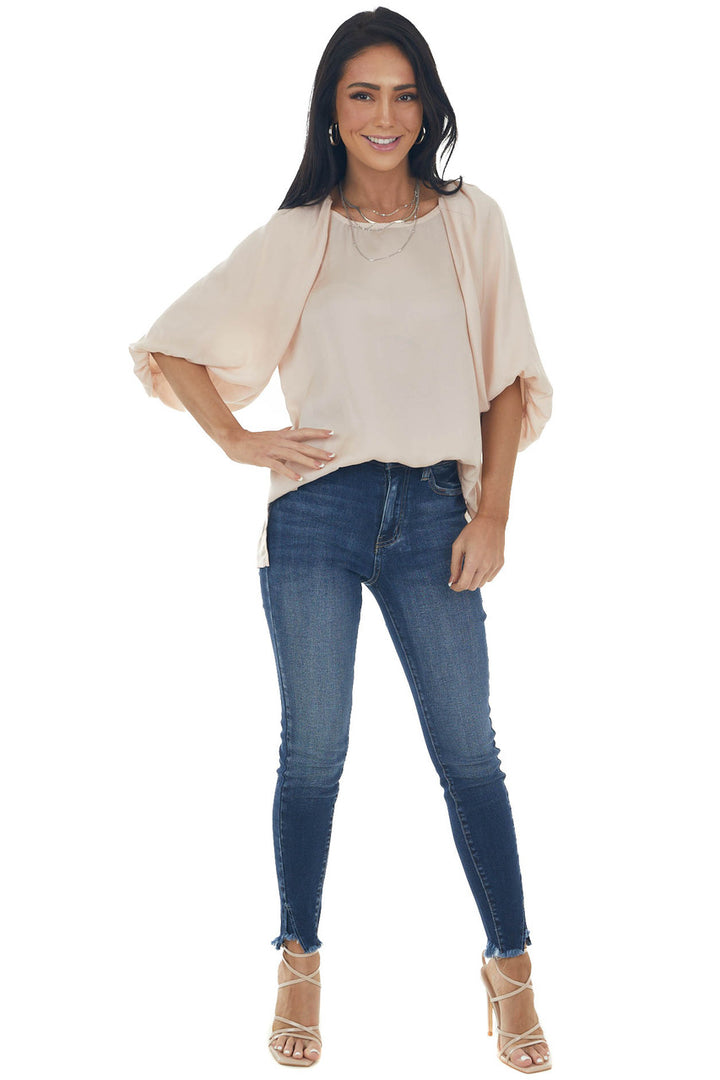 Tea Rose Puff Sleeve Blouse with Side Slits 