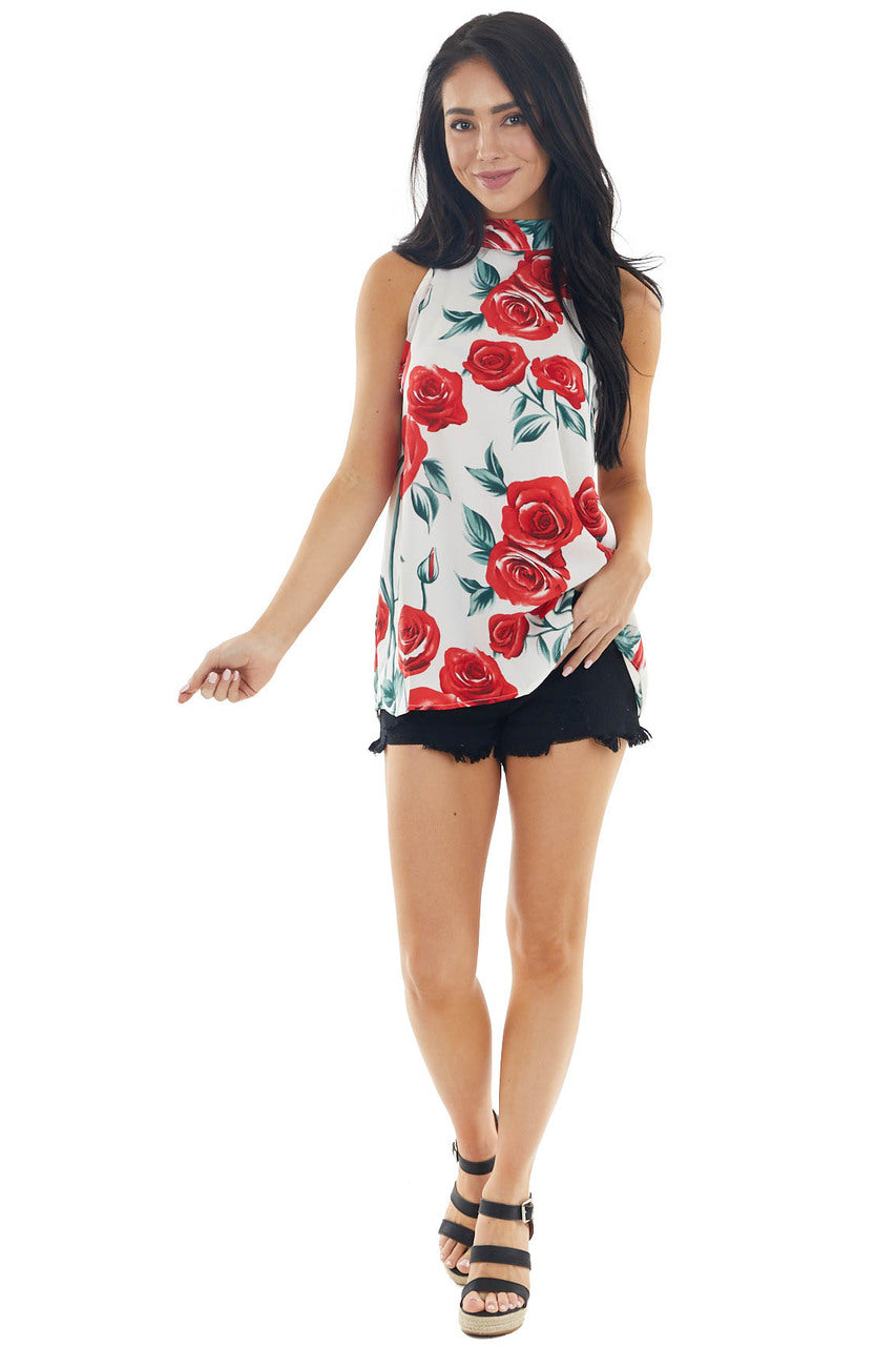 Ivory Floral Halter Neck Sleeveless Blouse with Tie Closure