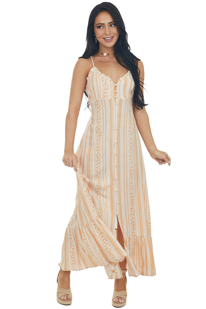 Melon and Ivory Printed Button Up Maxi Dress