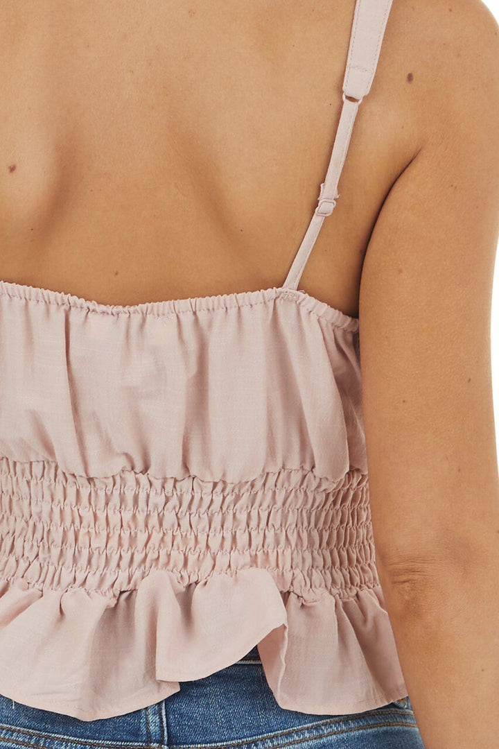 Light Dusty Rose Sleeveless Peplum Blouse with Smocked Waist