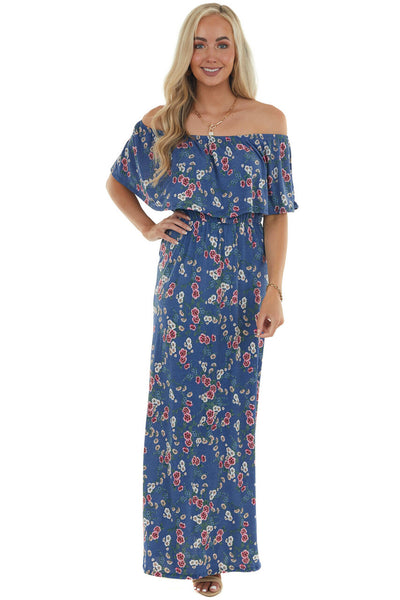 Off the Shoulder Navy Floral Print Maxi Dress
