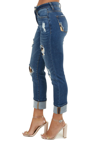 Mid Wash Denim Blue Distressed Animal Print Skinny Jeans