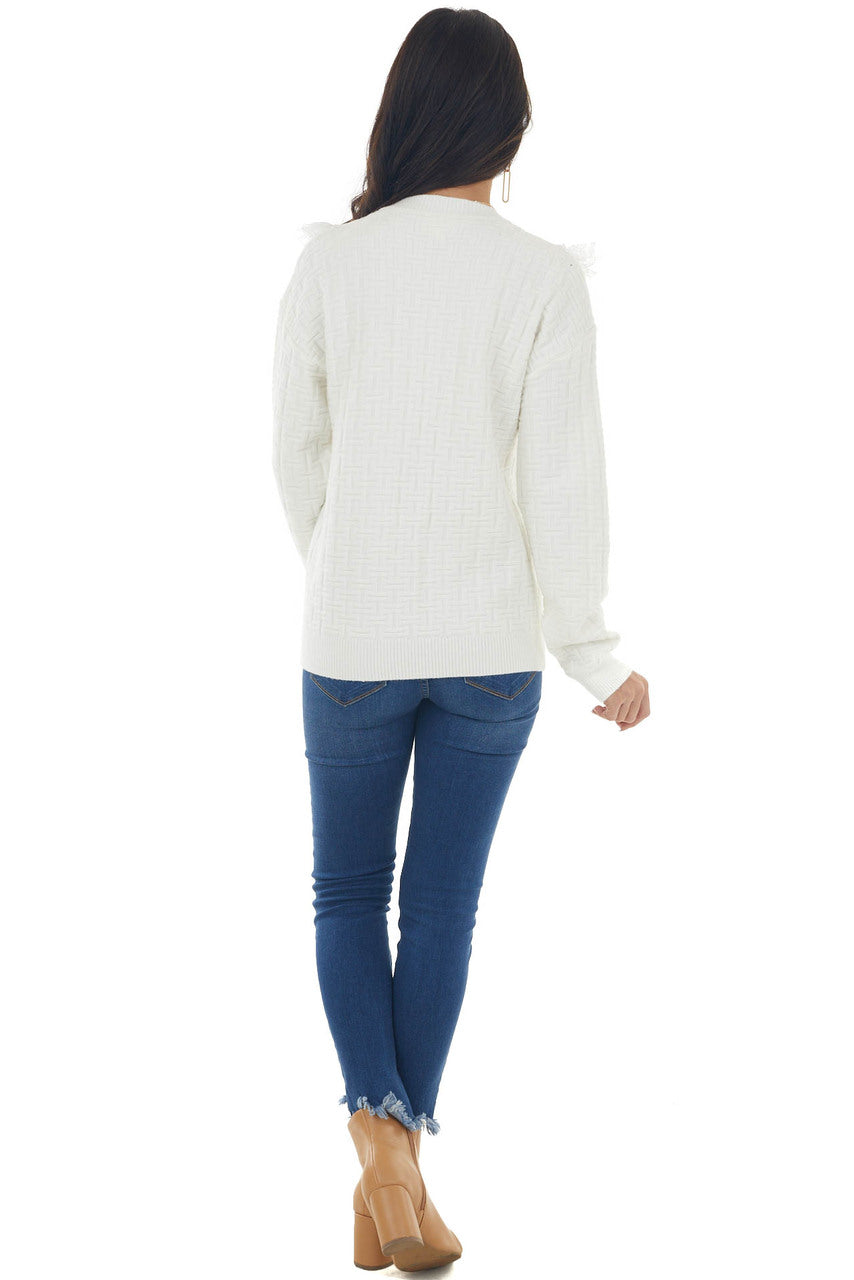 Ivory Textured Knit Sweater with Lace Detail