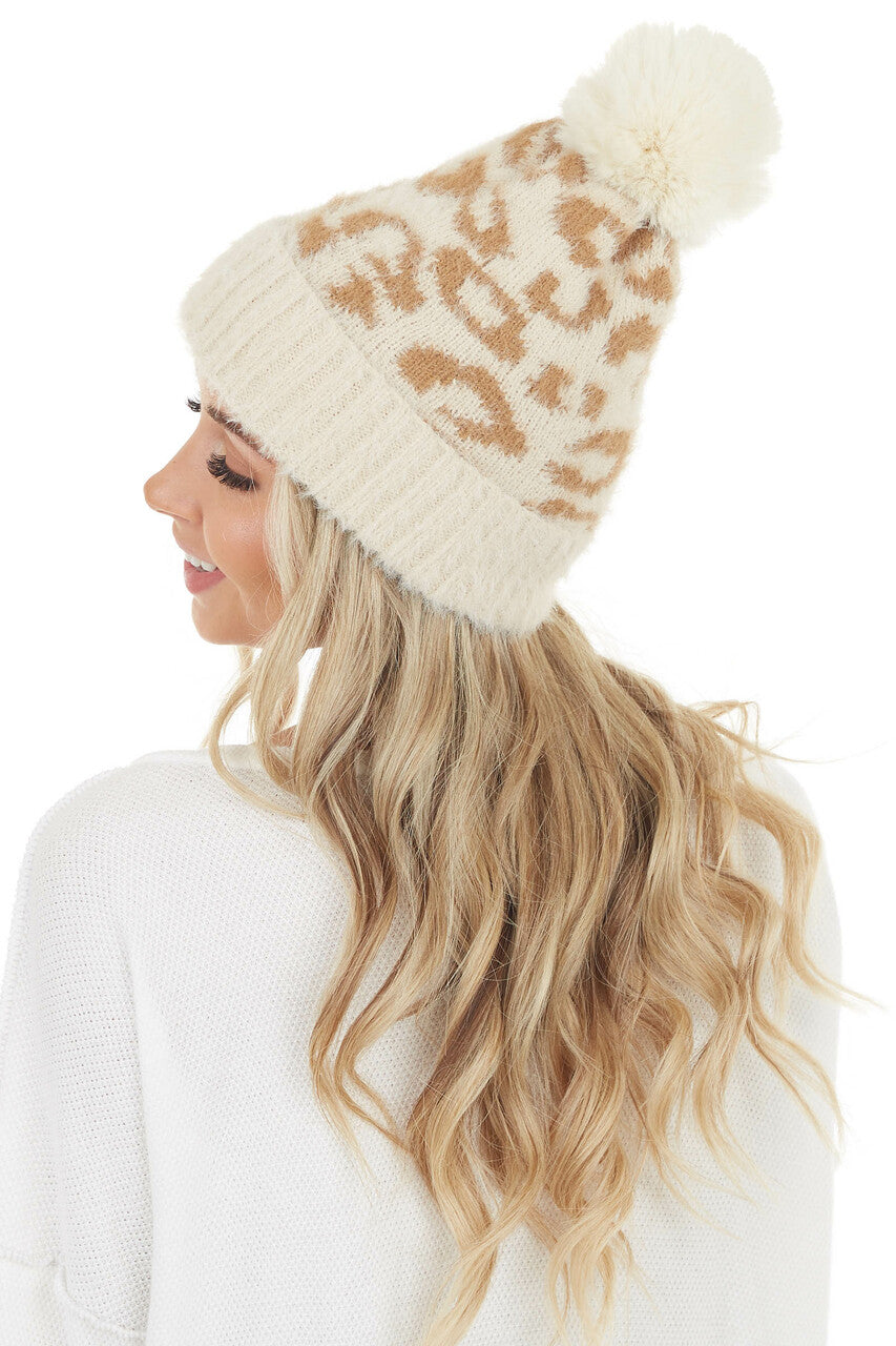 Cream and Taupe Leopard Print Beanie with Pom Pom Detail 