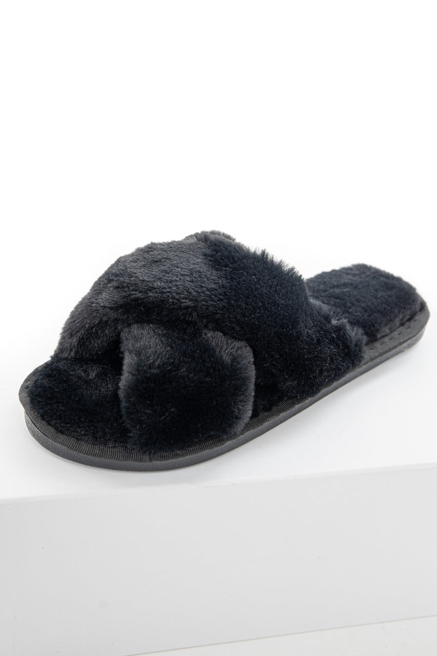 Black Super Soft Fuzzy Slippers with Criss Cross Straps