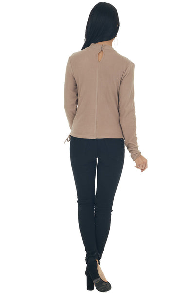 Latte Ruched Brushed Ribbed Knit Fitted Top