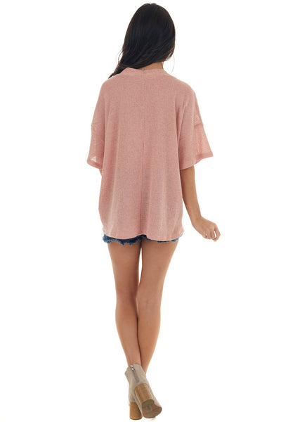 Coral Loose Knit Top with Lace Up V Neckline