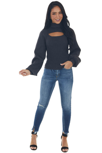 Charcoal Ribbed Cut Out Turtleneck Sweater