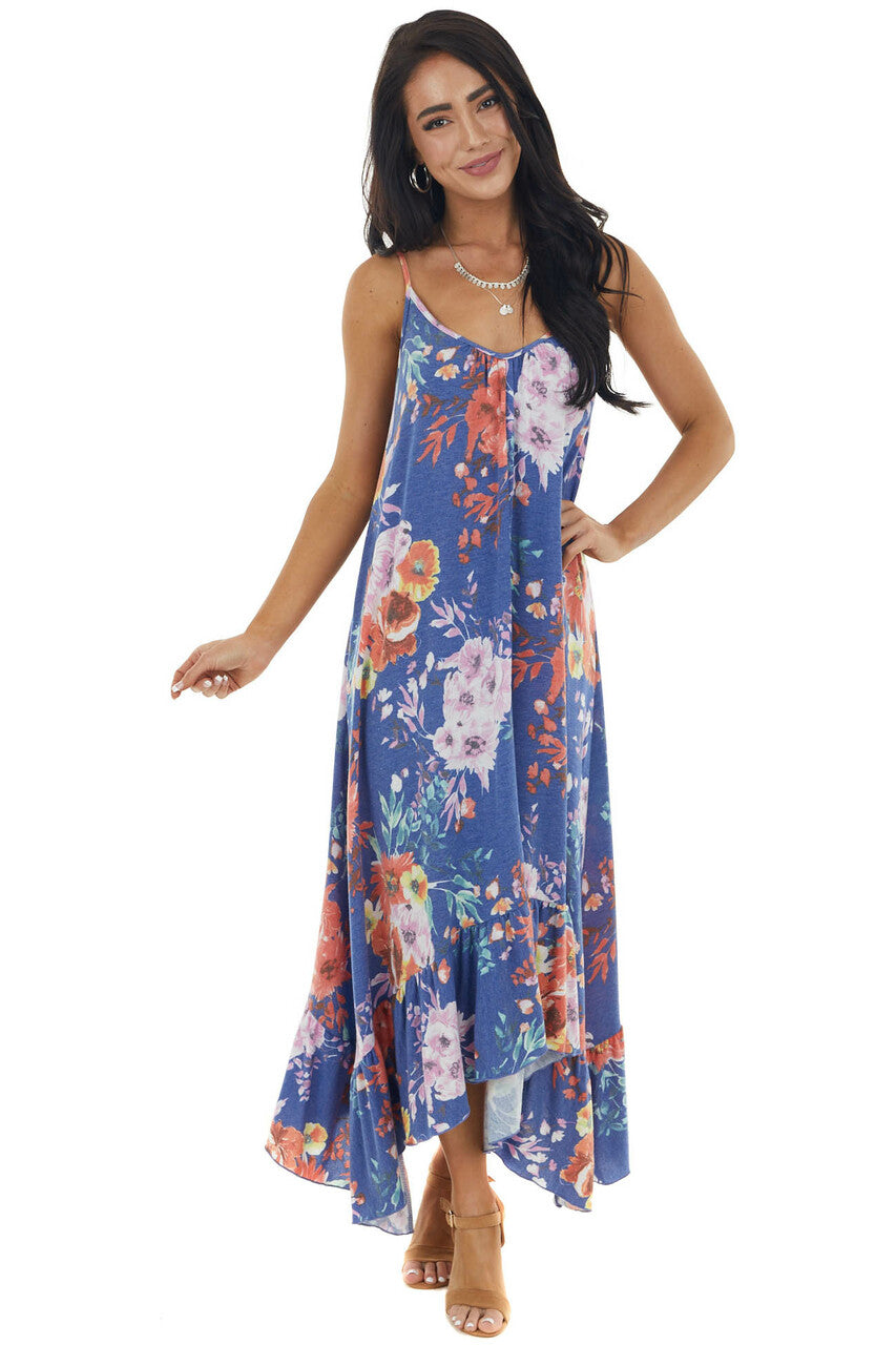 Sapphire Floral Sleeveless Maxi Dress with Rounded V Neck 