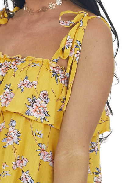 Marigold Floral Print Shoulder Tie Strap Tank