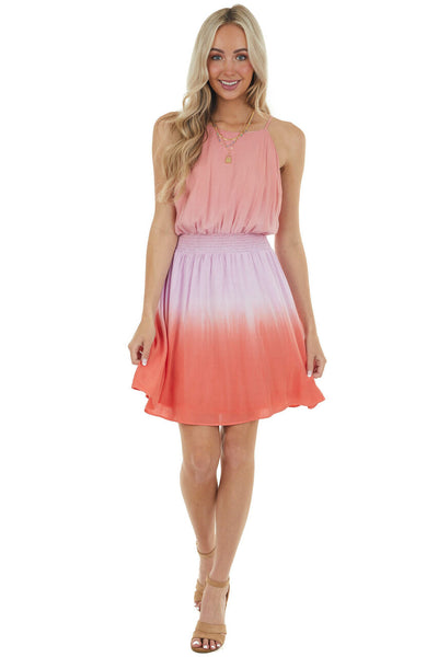 Peach Ombre Dye Sleeveless Haltar Neck Dress